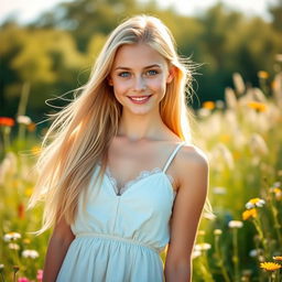 A stunning young blonde woman with long flowing hair, wearing a chic summer dress, standing in a sun-drenched meadow filled with wildflowers