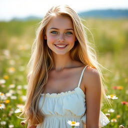 A stunning young blonde woman with long flowing hair, wearing a chic summer dress, standing in a sun-drenched meadow filled with wildflowers