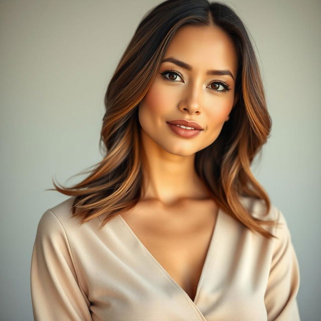 A full-length image of an attractive woman aged 30-45, representing popular American preferences with a diverse background that includes Caucasian, Latina, Asian, and African American features