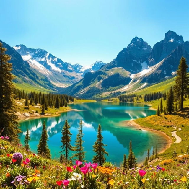 A breathtaking panoramic view of Parque Nacional Sierra Nevada, showcasing majestic snow-capped mountains, lush green valleys, and vibrant wildflower meadows under a clear blue sky