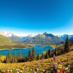 A breathtaking panoramic view of Parque Nacional Sierra Nevada, showcasing majestic snow-capped mountains, lush green valleys, and vibrant wildflower meadows under a clear blue sky