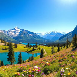 A breathtaking panoramic view of Parque Nacional Sierra Nevada, showcasing majestic snow-capped mountains, lush green valleys, and vibrant wildflower meadows under a clear blue sky