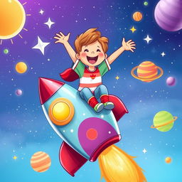 A delightful children's book cover designed in A4 format, featuring a cheerful child gleefully perched atop a colorful rocket that is soaring upwards into a vibrant sky filled with sparkling stars and playful planets