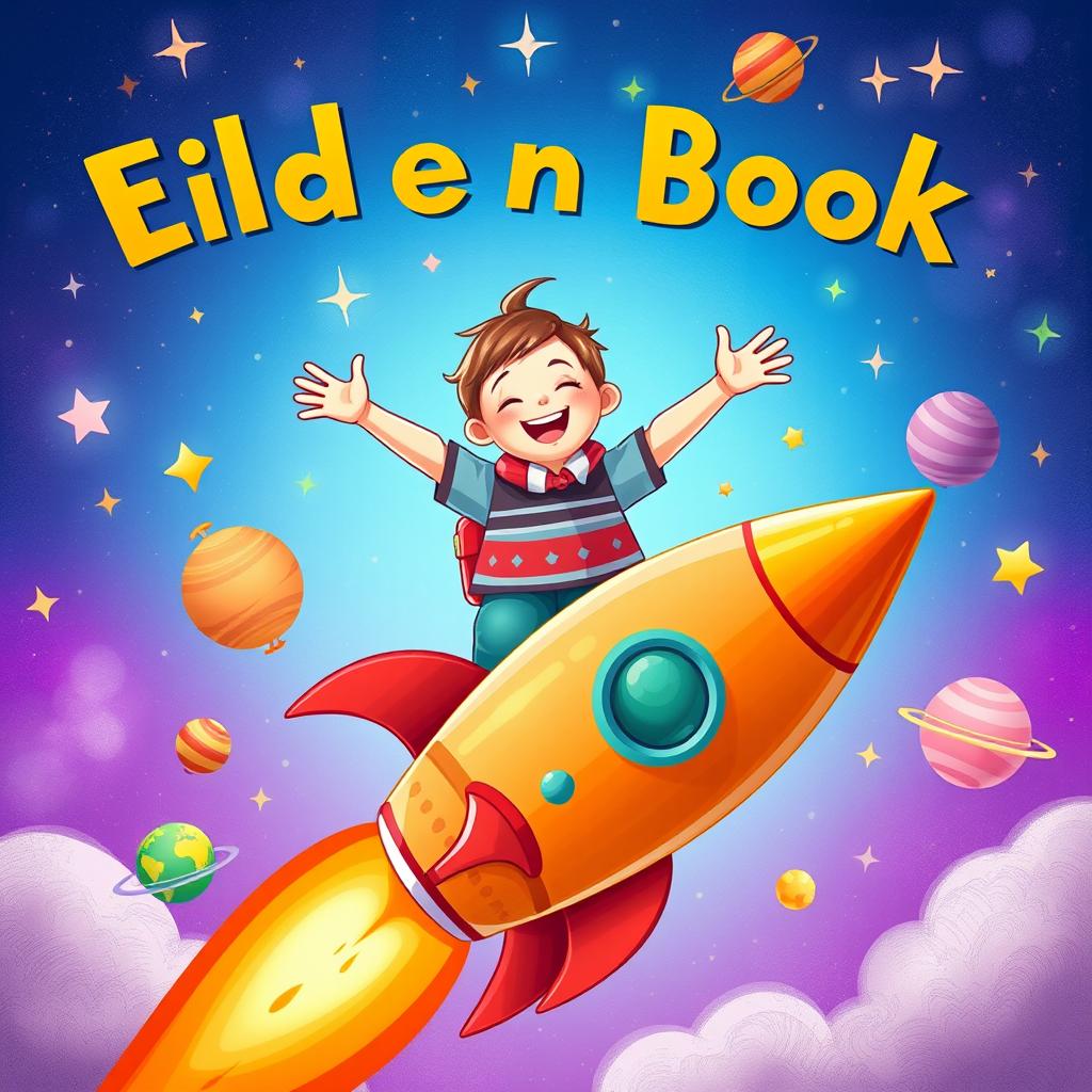 A delightful children's book cover designed in A4 format, featuring a cheerful child gleefully perched atop a colorful rocket that is soaring upwards into a vibrant sky filled with sparkling stars and playful planets