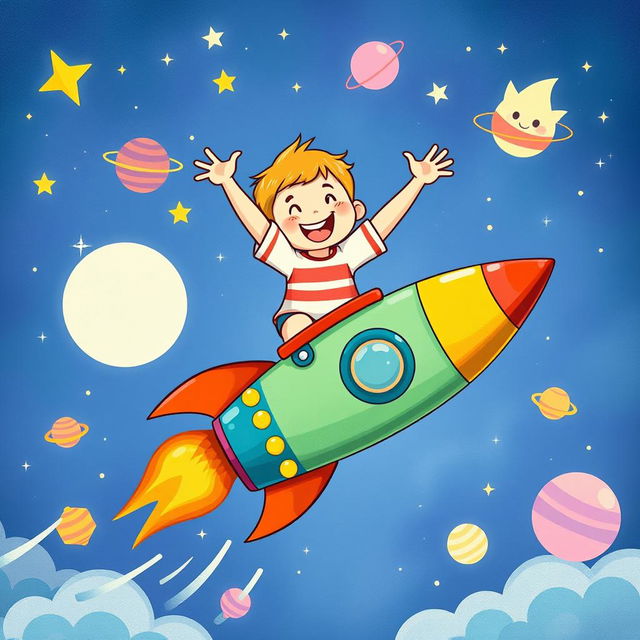 A delightful children's book cover designed in A4 format, featuring a cheerful child gleefully perched atop a colorful rocket that is soaring upwards into a vibrant sky filled with sparkling stars and playful planets