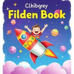 A delightful children's book cover designed in A4 format, featuring a cheerful child gleefully perched atop a colorful rocket that is soaring upwards into a vibrant sky filled with sparkling stars and playful planets
