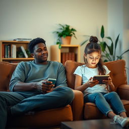 A warm and cozy living room scene featuring a 25-year-old brown-skinned brother sitting on a comfortable chair