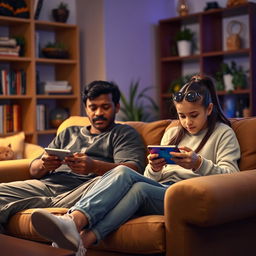 A warm and cozy living room scene featuring a 25-year-old brown-skinned brother sitting on a comfortable chair