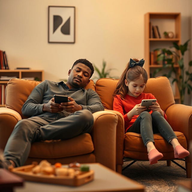 A warm and cozy living room scene featuring a 25-year-old brown-skinned brother sitting on a comfortable chair