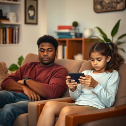 A warm and cozy living room scene featuring a 25-year-old brown-skinned brother sitting on a comfortable chair