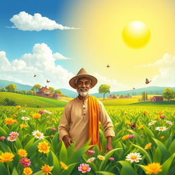 A vibrant and heartwarming scene depicting a kind-hearted farmer in a lush green field, smiling as he tends to his crops
