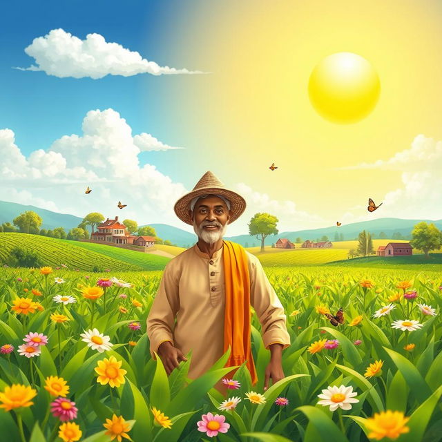 A vibrant and heartwarming scene depicting a kind-hearted farmer in a lush green field, smiling as he tends to his crops