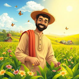 A vibrant and heartwarming scene depicting a kind-hearted farmer in a lush green field, smiling as he tends to his crops