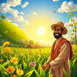 A vibrant and heartwarming scene depicting a kind-hearted farmer in a lush green field, smiling as he tends to his crops