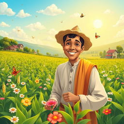 A vibrant and heartwarming scene depicting a kind-hearted farmer in a lush green field, smiling as he tends to his crops