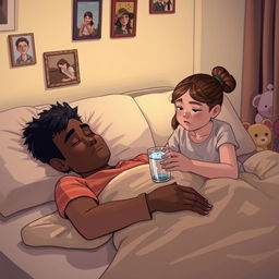 A warm and caring scene depicting a 25-year-old brown-skinned brother lying on a bed, appearing unwell but comforted