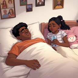 A warm and caring scene depicting a 25-year-old brown-skinned brother lying on a bed, appearing unwell but comforted