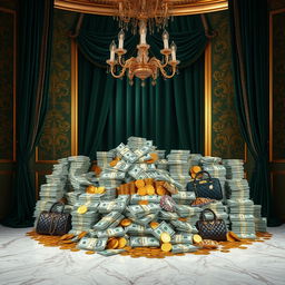 A luxurious background featuring an abundance of money, showcasing piles of cash and gold coins artfully arranged