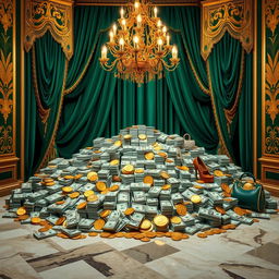A luxurious background featuring an abundance of money, showcasing piles of cash and gold coins artfully arranged