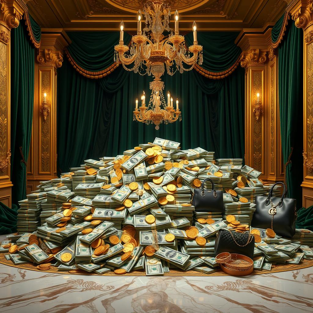 A luxurious background featuring an abundance of money, showcasing piles of cash and gold coins artfully arranged