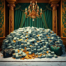 A luxurious background featuring an abundance of money, showcasing piles of cash and gold coins artfully arranged