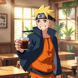 Naruto Uzumaki, the energetic ninja from the popular anime series, happily carrying a steaming cup of coffee in one hand