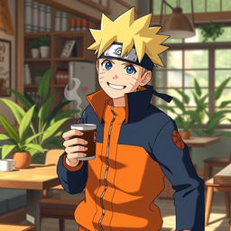 Naruto Uzumaki, the energetic ninja from the popular anime series, happily carrying a steaming cup of coffee in one hand