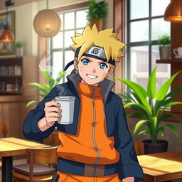 Naruto Uzumaki, the energetic ninja from the popular anime series, happily carrying a steaming cup of coffee in one hand
