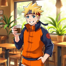 Naruto Uzumaki, the energetic ninja from the popular anime series, happily carrying a steaming cup of coffee in one hand