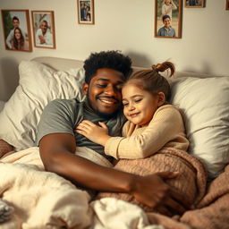 A warm and caring scene of a 25-year-old brown brother lying on a bed looking unwell, with his 14-year-old sister beside him