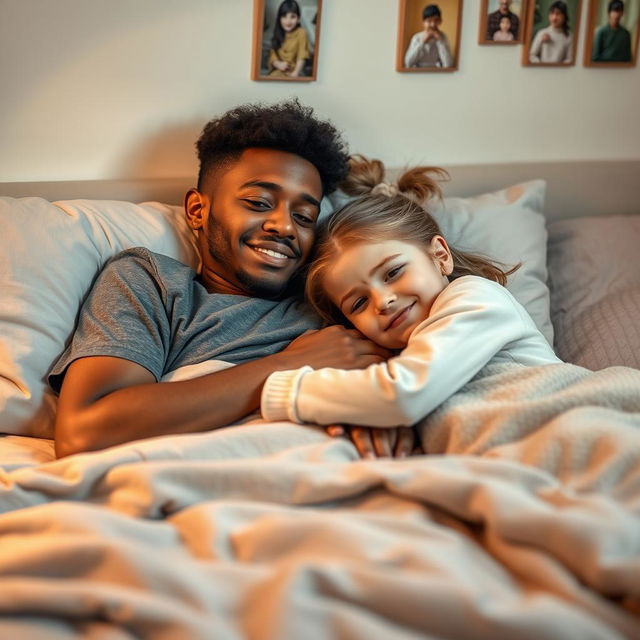 A warm and caring scene of a 25-year-old brown brother lying on a bed looking unwell, with his 14-year-old sister beside him