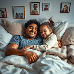 A warm and caring scene of a 25-year-old brown brother lying on a bed looking unwell, with his 14-year-old sister beside him