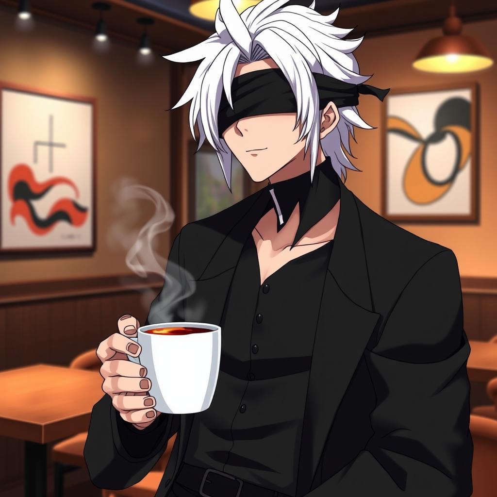 A stylish anime character resembling a tall, confident male with white hair and a blindfold, named Gojo, casually holding a steaming cup of coffee