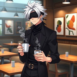A stylish anime character resembling a tall, confident male with white hair and a blindfold, named Gojo, casually holding a steaming cup of coffee