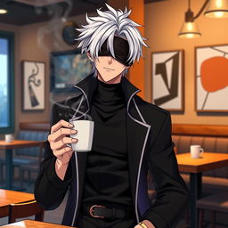 A stylish anime character resembling a tall, confident male with white hair and a blindfold, named Gojo, casually holding a steaming cup of coffee