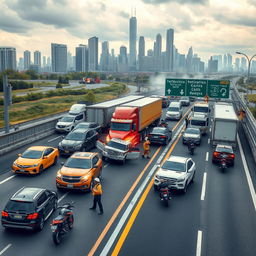 A complex and detailed scene illustrating various types of accidents on a highway, featuring multiple vehicles including cars, trucks, and motorbikes involved in collisions