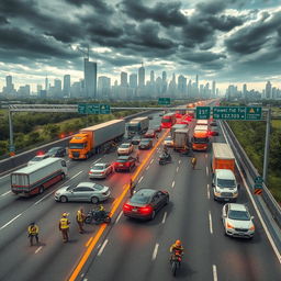 A complex and detailed scene illustrating various types of accidents on a highway, featuring multiple vehicles including cars, trucks, and motorbikes involved in collisions