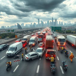 A complex and detailed scene illustrating various types of accidents on a highway, featuring multiple vehicles including cars, trucks, and motorbikes involved in collisions
