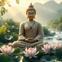 A serene and tranquil image of Lord Buddha seated in a meditative pose, surrounded by lush greenery and lotus flowers