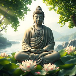 A serene and tranquil image of Lord Buddha seated in a meditative pose, surrounded by lush greenery and lotus flowers