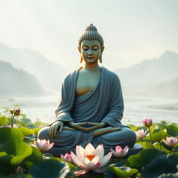 A serene and tranquil image of Lord Buddha seated in a meditative pose, surrounded by lush greenery and lotus flowers