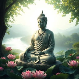 A serene and tranquil image of Lord Buddha seated in a meditative pose, surrounded by lush greenery and lotus flowers