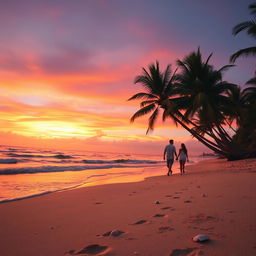 A serene beach at sunset, soft waves lapping at the shore, vibrant colors in the sky blending orange, pink and purple