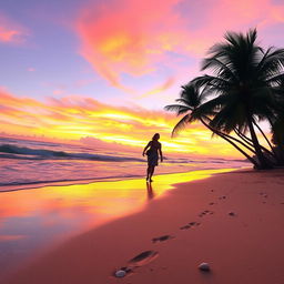 A serene beach at sunset, soft waves lapping at the shore, vibrant colors in the sky blending orange, pink and purple