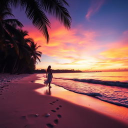A serene beach at sunset, soft waves lapping at the shore, vibrant colors in the sky blending orange, pink and purple