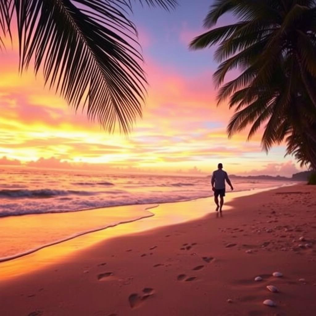 A serene beach at sunset, soft waves lapping at the shore, vibrant colors in the sky blending orange, pink and purple