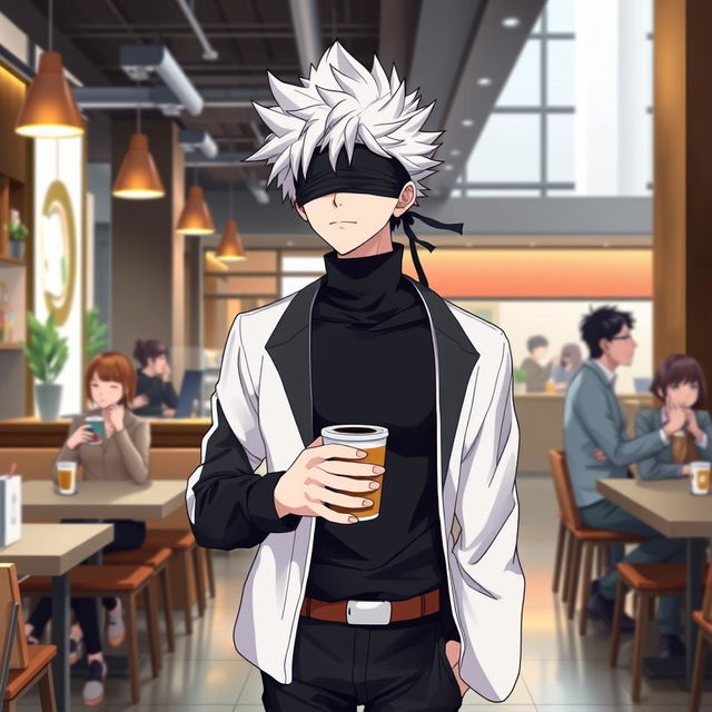 A stylish illustration of Gojo Satoru from Jujutsu Kaisen, with his signature white spiky hair and blindfold, casually holding a cup of coffee