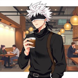 A stylish illustration of Gojo Satoru from Jujutsu Kaisen, with his signature white spiky hair and blindfold, casually holding a cup of coffee