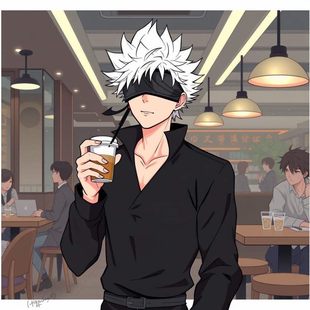 A stylish illustration of Gojo Satoru from Jujutsu Kaisen, with his signature white spiky hair and blindfold, casually holding a cup of coffee