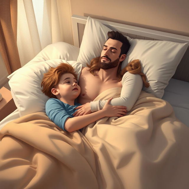 A heartwarming scene depicting a tall, tan brother lounging in bed, appearing to be unwell